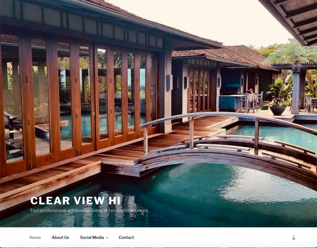 Clear View HI screen capture of their website including a client photo of windows, bridge and pool.