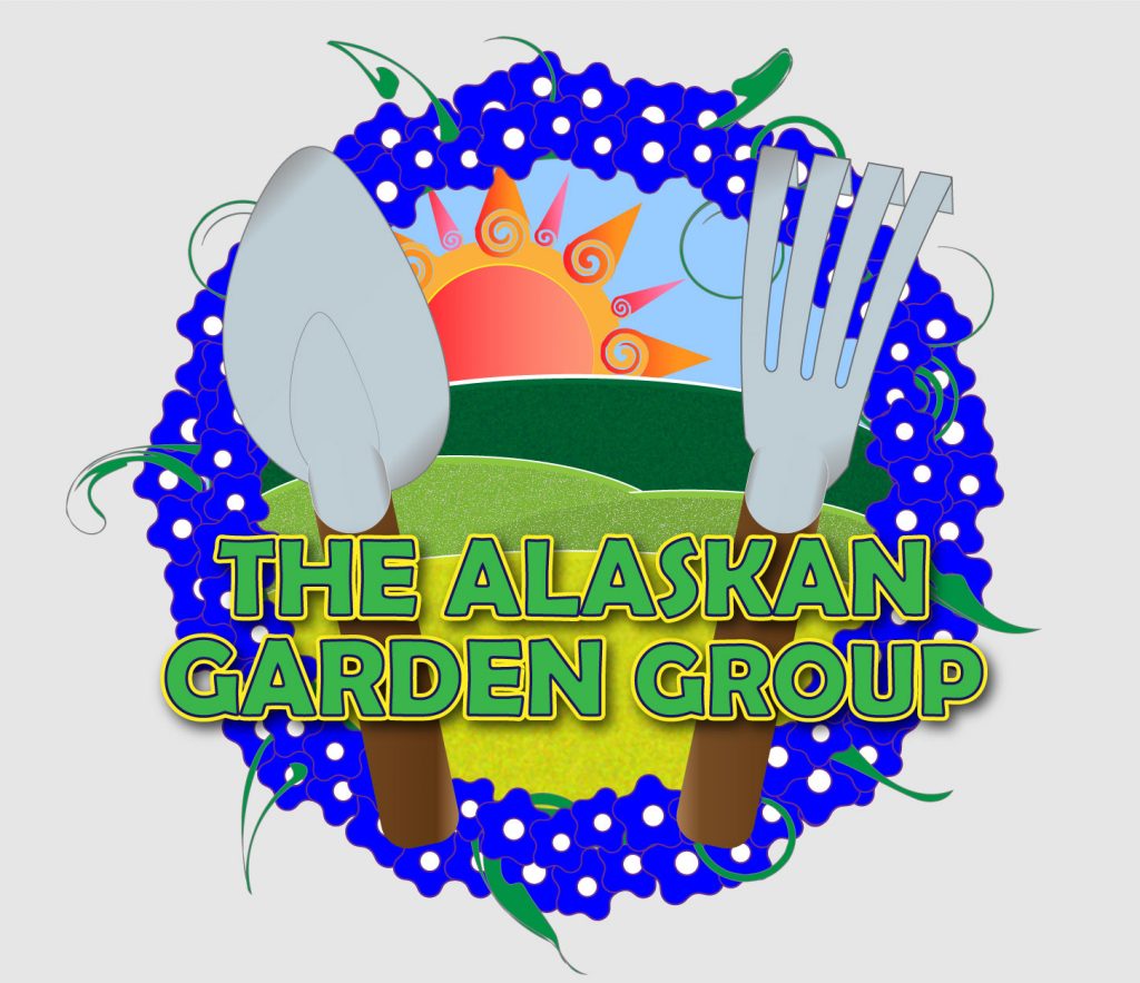 Alaska Garden Group logo showing shovel, rake, flowers and garden background