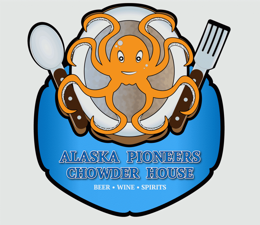 Alaska Pioneer Chowder House logo showing a bowl, spook, fork & cartoon octopus.