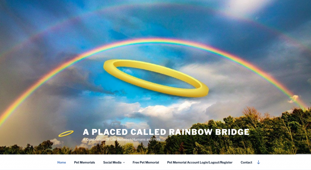 A Place Called Rainbow Bridge screen grab of their website showing a halo and rainbow over trees in the background.