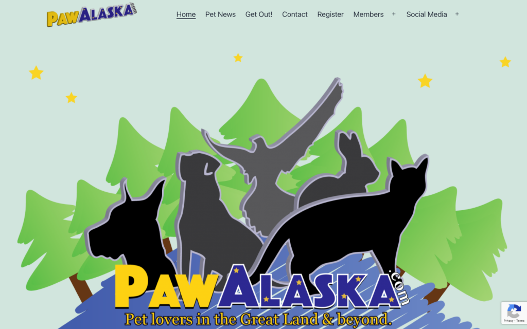 Paw Alaska screen capture of their website showing the company login including dogs, cat, rabbit and bird.